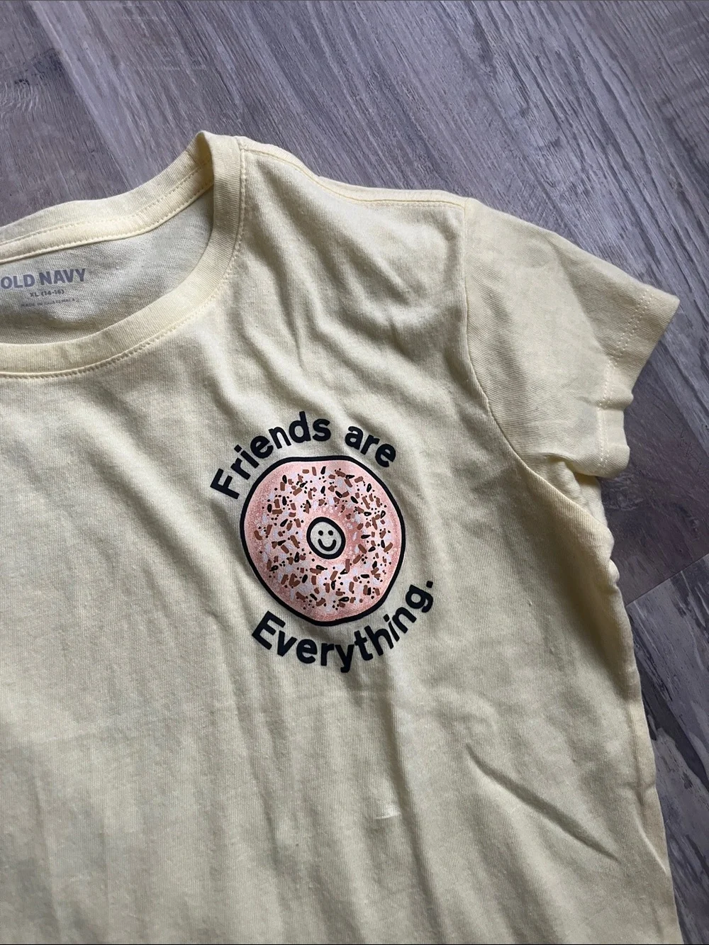 Old Navy Yellow Tee with Pink Donut Graphic - 'Friends are Everything'